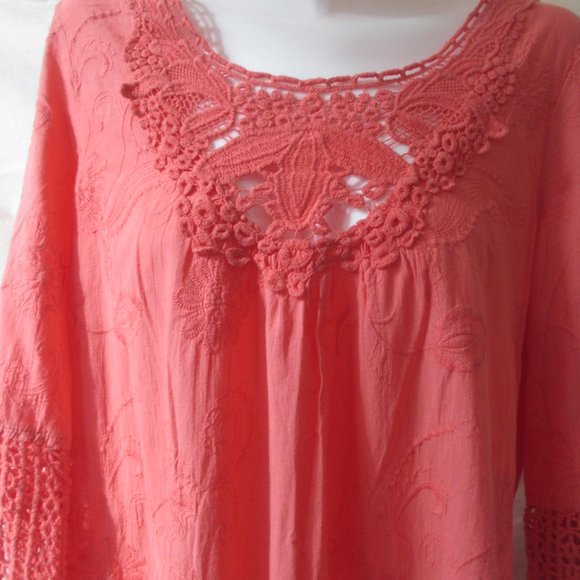 Tunic Top Blouse Size L LARGE XCVI Coral Gauzy Cotton Crochet Hem Embroidered - Picture 3 of 8